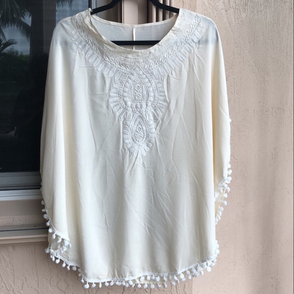 Jackets & Blazers - Ecru Poncho Pom Pom Fringe